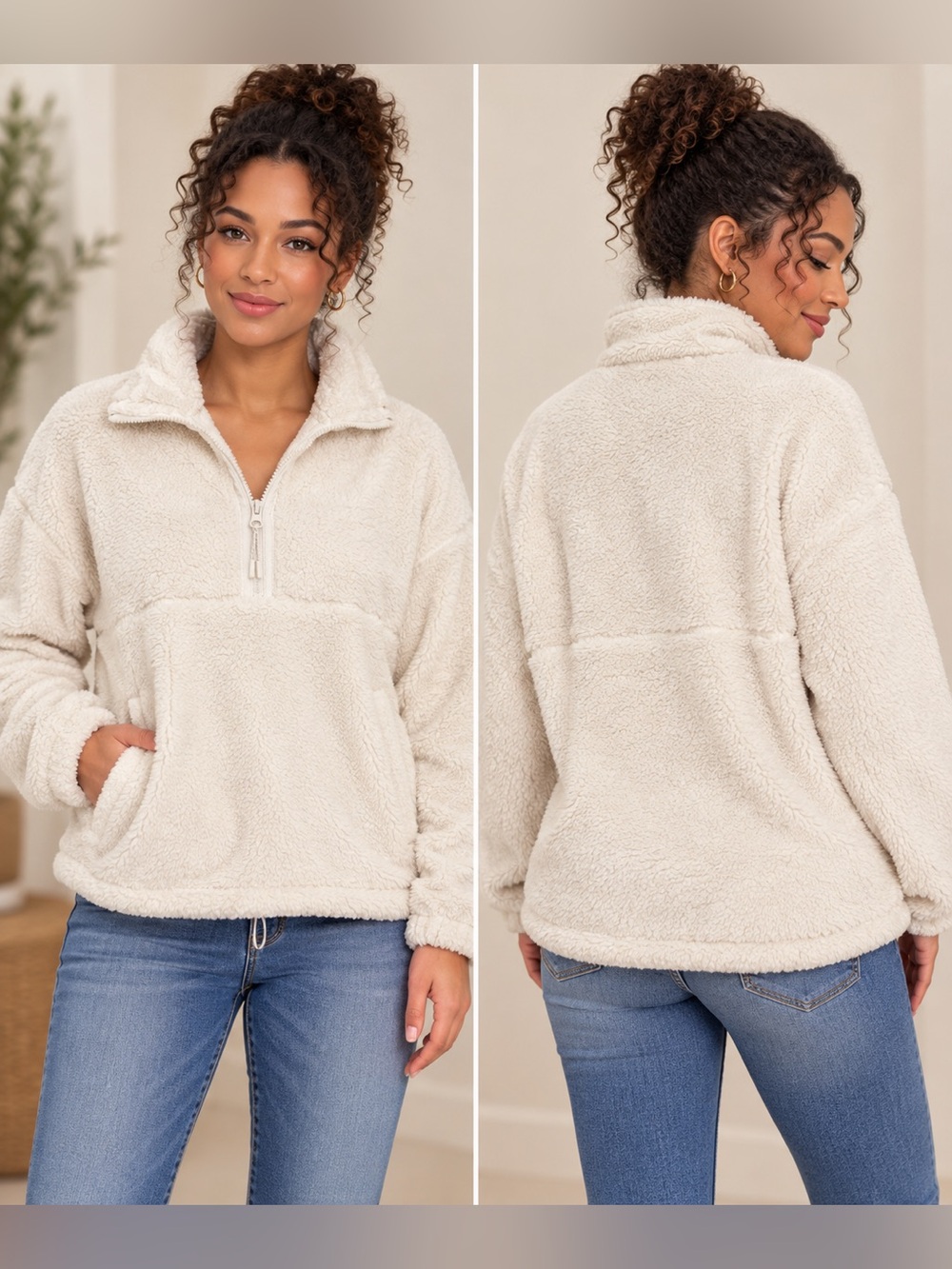 No Boundaries Cream Teddy Sherpa Pullover Jacket